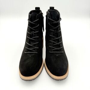 TOMS Boot Women's 8.5 Black Suede Zip Up Lace Up Ankle Boot Block Heel